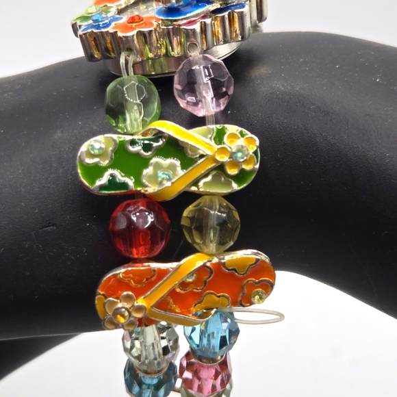Womens Beachy Colorful Beaded Floral Flip Flop Rhinestone Elastic Bracelet Watch - Picture 5 of 6
